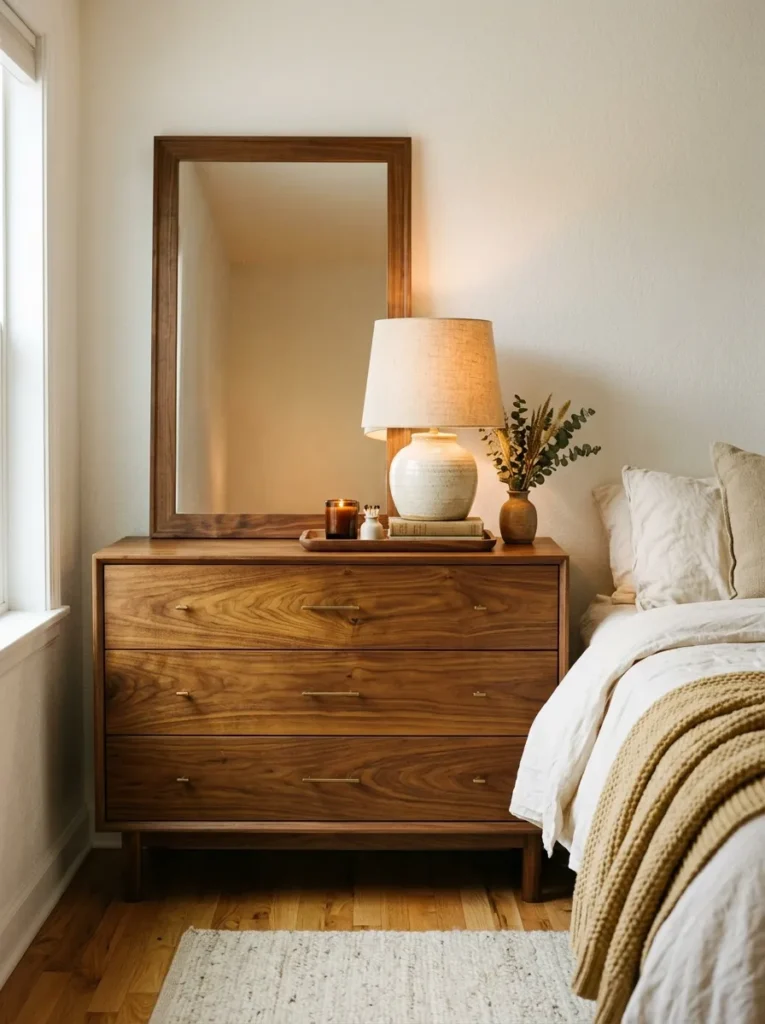 Warm walnut bedroom dresser with visible amber grain, walnut-framed mirror, ceramic lamp, and oak flooring showing how warm wood tones shift a room's atmosphere

