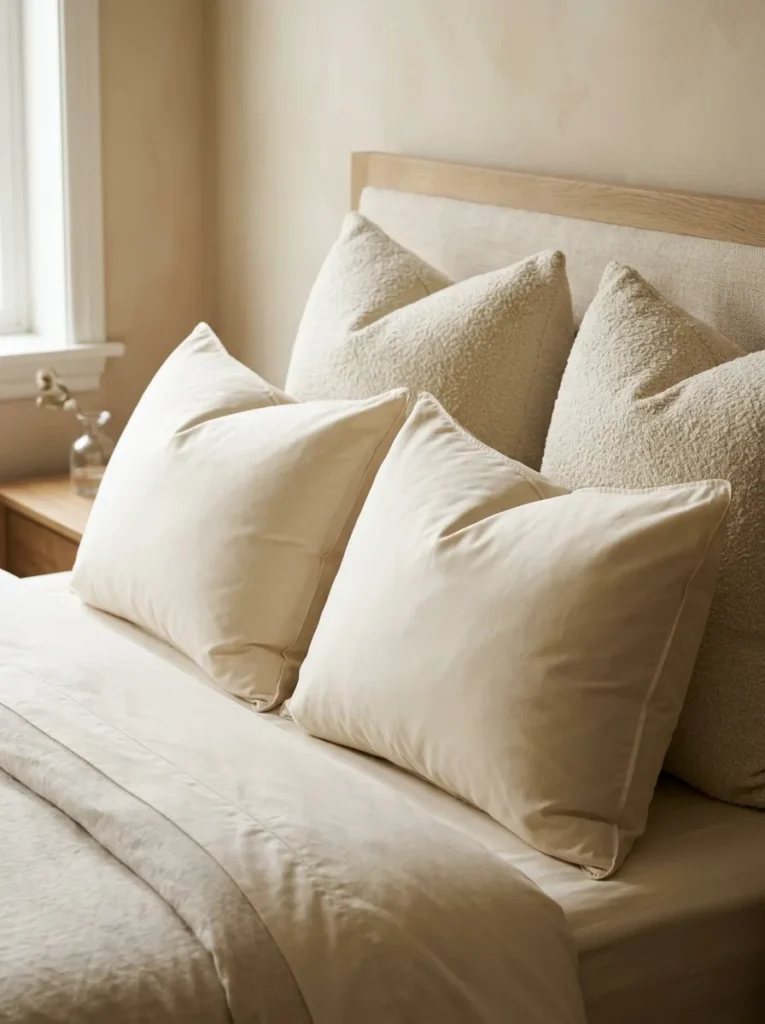 Well-filled queen sleeping pillows in ivory percale cases beside boucle euro cushions, all visibly round and full, showing the importance of quality pillow inserts
