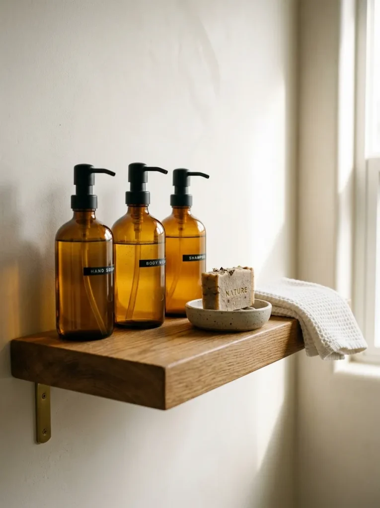Three amber glass soap dispensers on a floating bathroom shelf beside a ceramic soap dish and folded white washcloth
