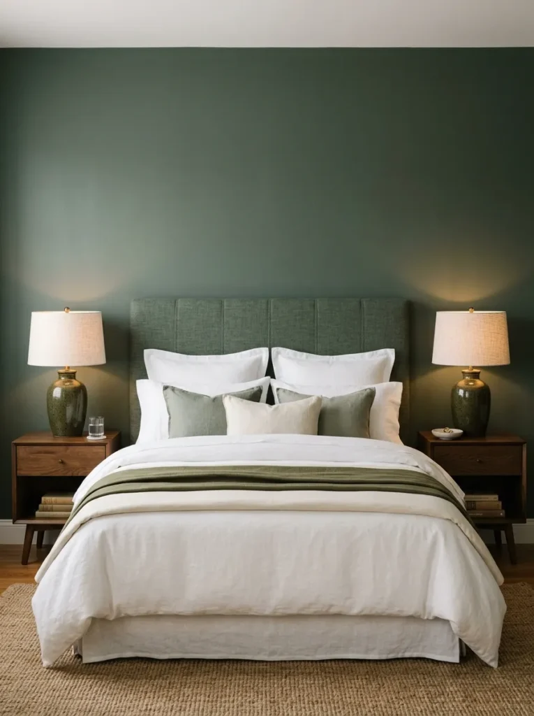 Two identical ceramic-base bedside lamps with drum shades on matching nightstands either side of a headboard in a sage bedroom