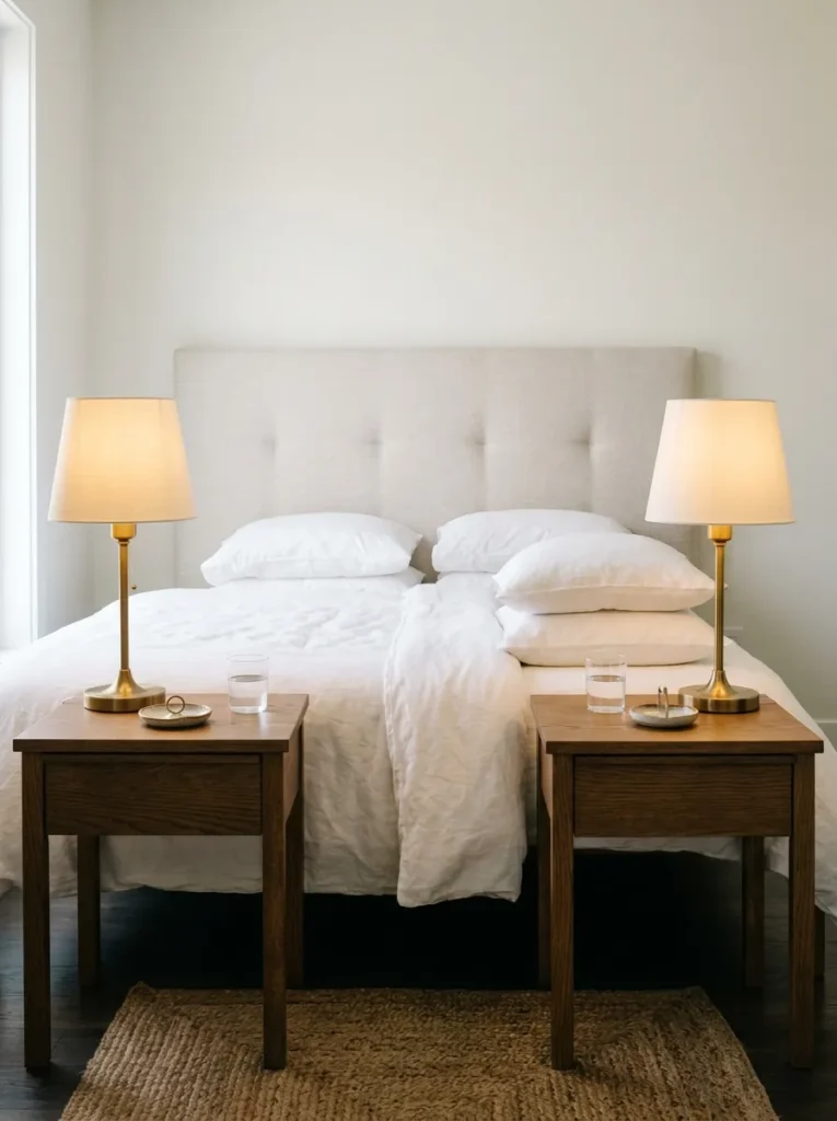 Two matching bedroom nightstands each holding exactly three objects — lamp, glass, and one small item — viewed symmetrically from directly in front