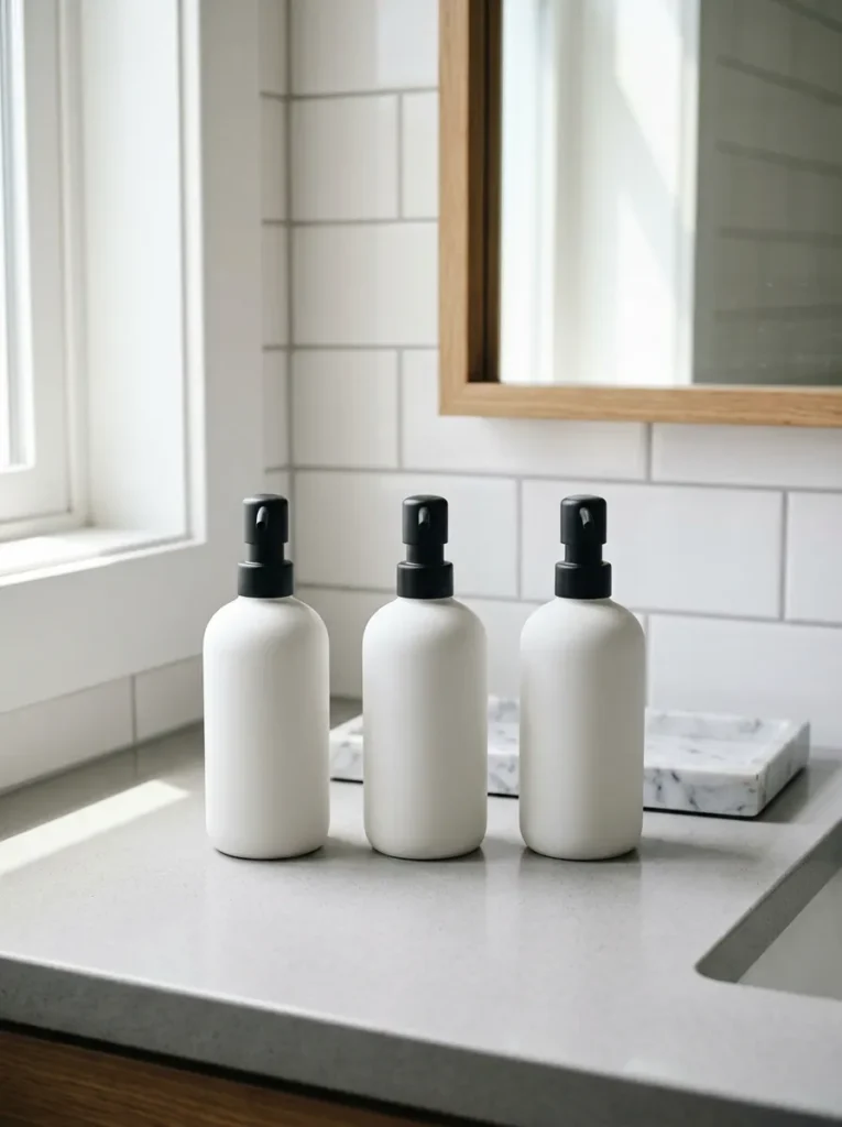 Three matching matte white ceramic pump dispensers in a row on a clean bathroom countertop with a small marble tray, white tile behind