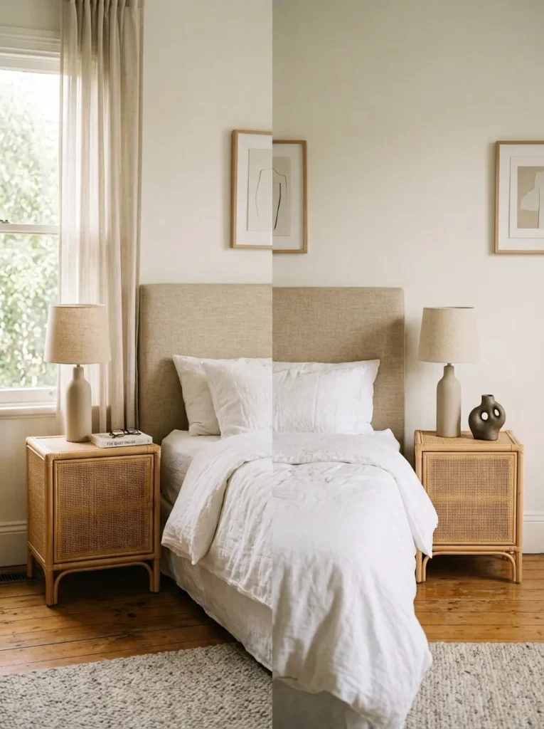 Two matching rattan nightstands with identical lamps but subtly varied styling — a book on one side, a small sculpture on the other
