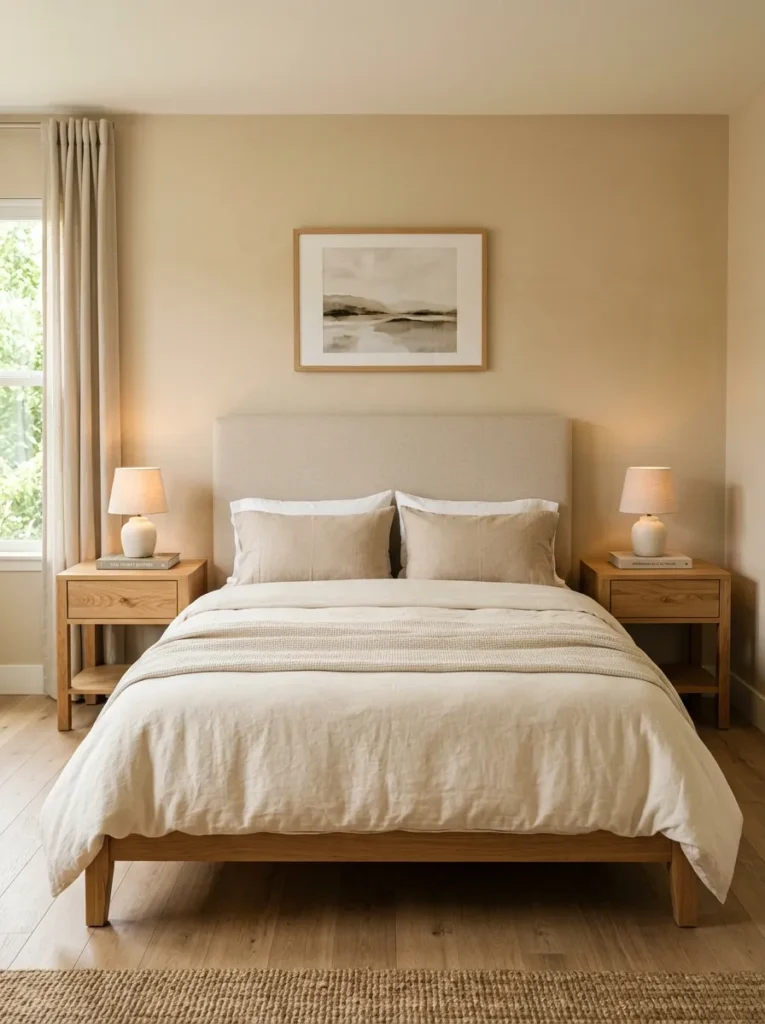 Matching natural oak nightstands on both sides of a bed in a beige bedroom, proportioned to the mattress height
