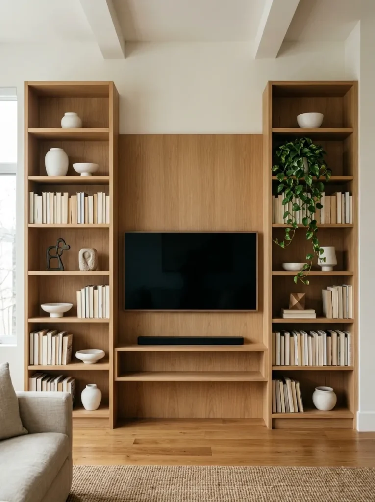 Matching oak shelving units flanking a media panel in an open-plan living room, styled with spine-in books and cream ceramics in a consistent material palette
