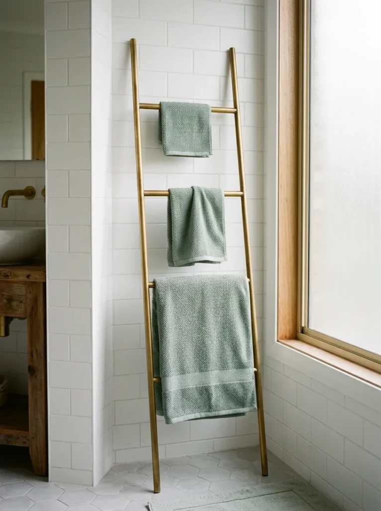 Three matching dusty sage towels — bath, hand, and face cloth — on a slim brass towel ladder against a white tile wall in morning light