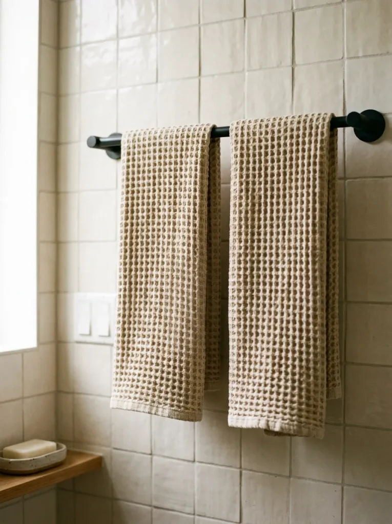Two matching undyed linen-tone waffle-weave towels on a matte black bathroom rail against warm white tile, waffle texture visible in raking light