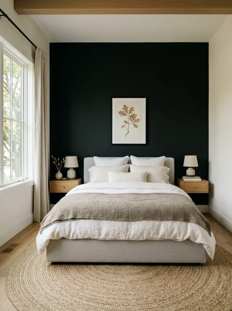 Bedroom with a matte black accent wall behind a grey platform bed, white bedding, and oak floating nightstands
