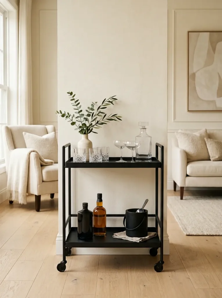 Matte black bar cart in a cream and light oak living room, reading as the room's most visually deliberate contrast object against the warm light-toned walls, furniture, and flooring