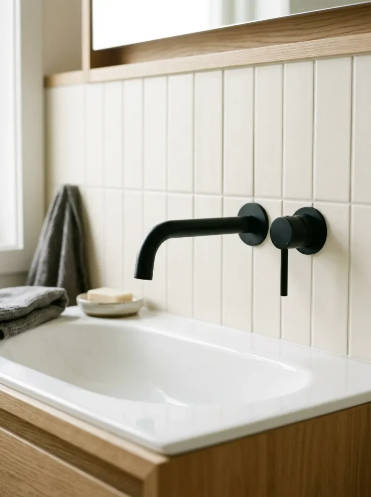Slim matte black wall-mounted basin mixer above a white undermount basin against warm white tile in morning light