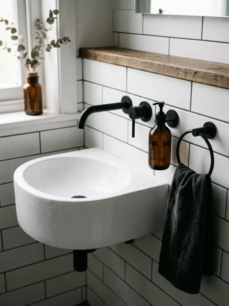 White wall-hung basin with matte black mixer tap, soap dispenser, and towel ring against white subway tile in morning light