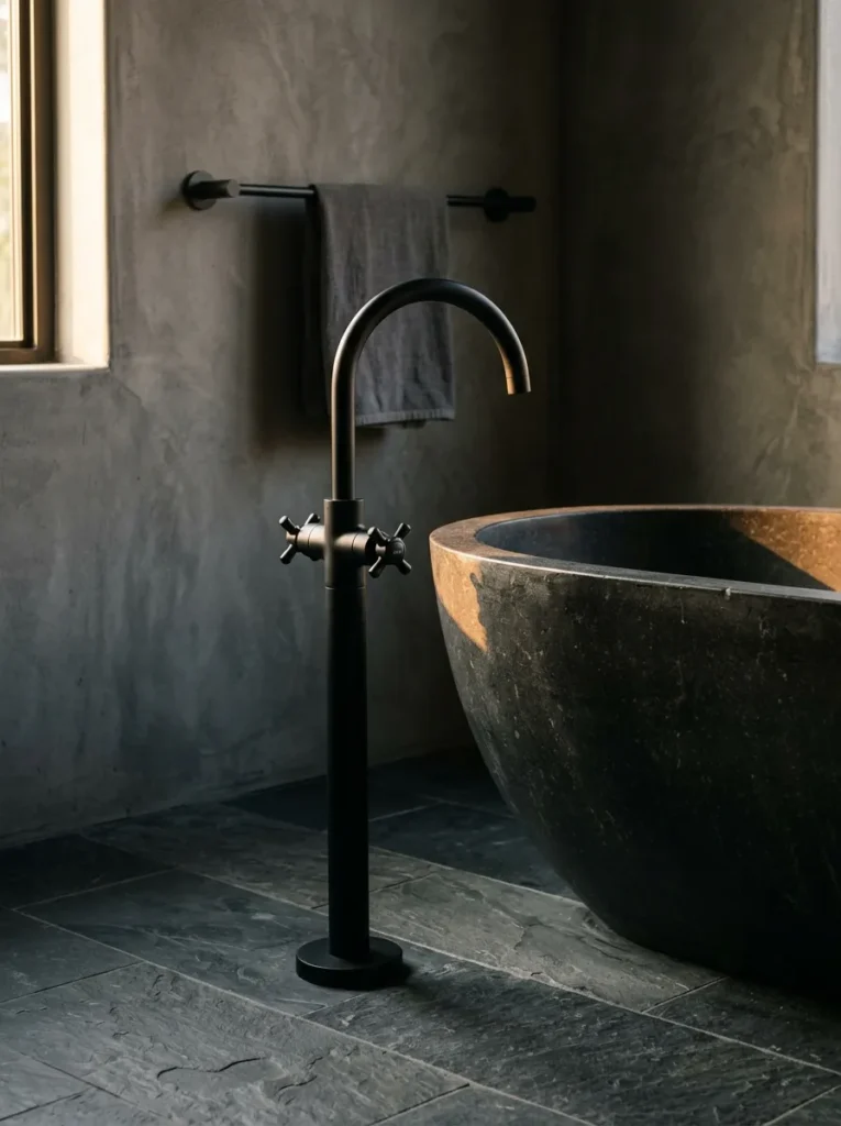 Matte black freestanding tub filler faucet and fixtures styled as a focal point in a stone bathroom