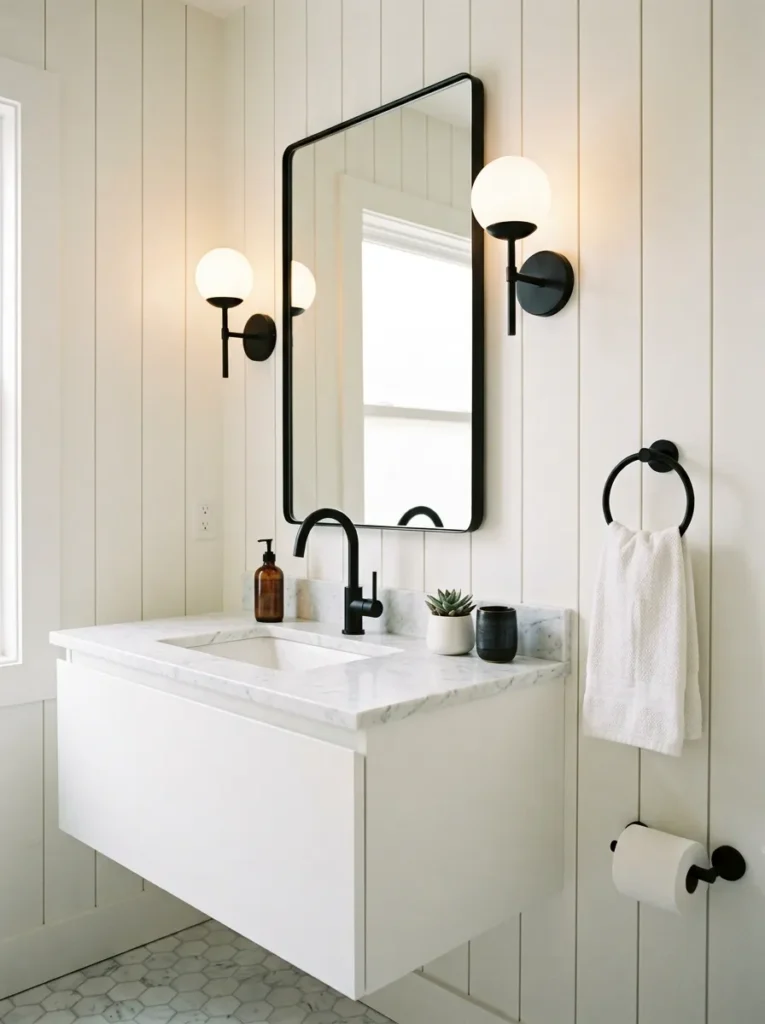 Powder room with consistent matte black fixtures including faucet, sconces, towel ring, and toilet paper holder against white shiplap walls
