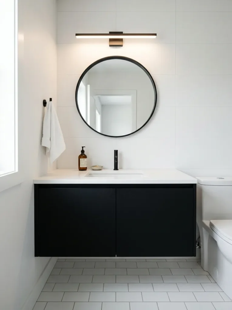 Matte black push-to-open vanity with white undermount sink and round black-framed mirror against white tile walls
