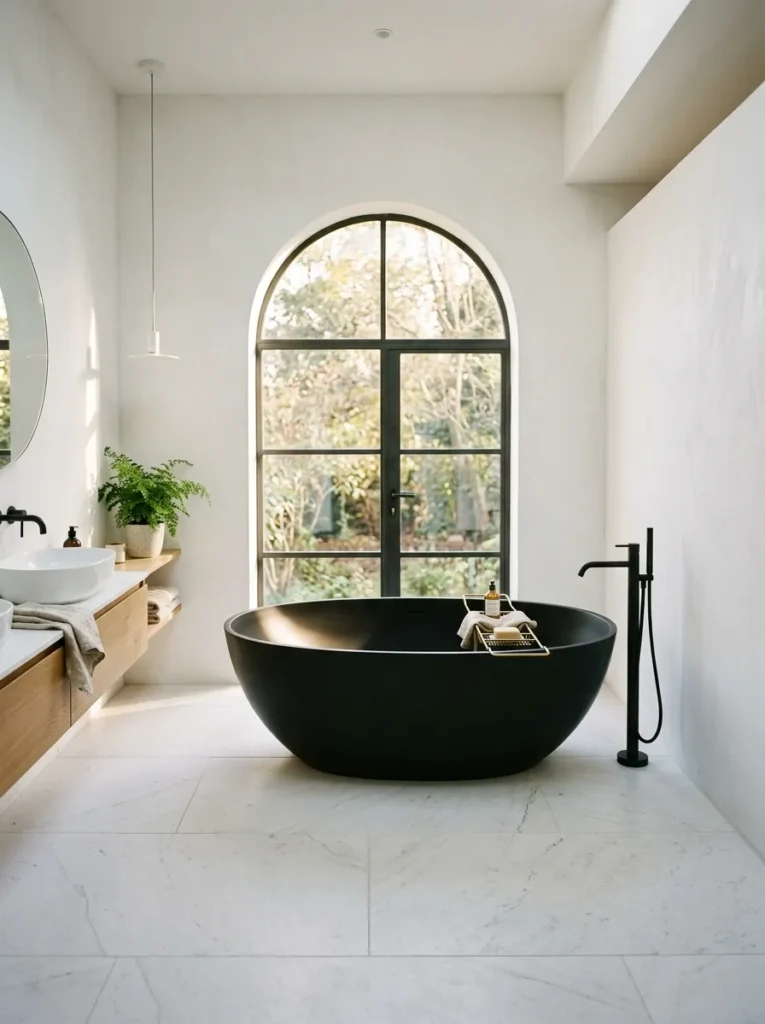 Matte black freestanding bathtub facing an arched window with afternoon light, on pale large-format stone floor with brass floor filler