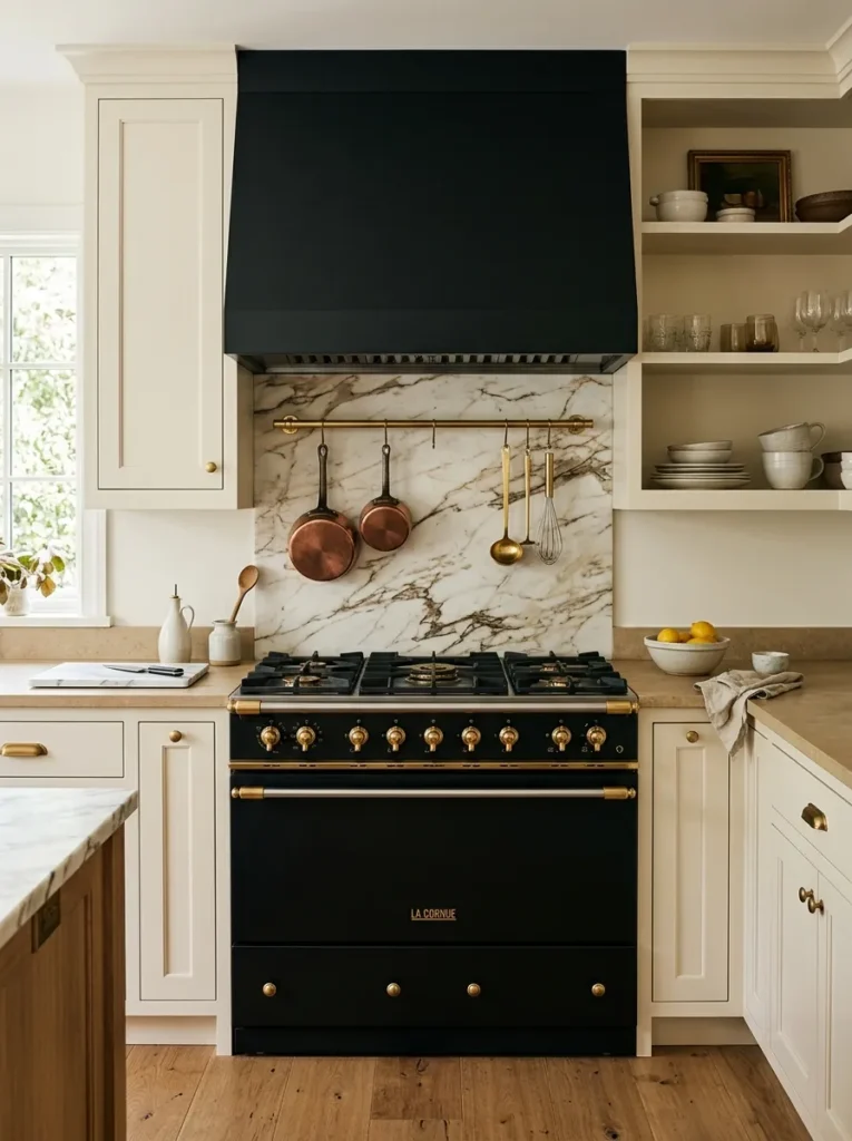 Matte black range centered in cream shaker kitchen with brass pot rail and marble backsplash above