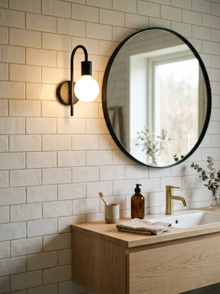 Matte black wall sconce with a warm globe bulb mounted beside a round bathroom mirror at eye height, above a pale oak vanity