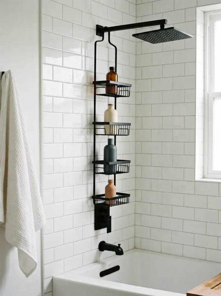 Matte black over-the-showerhead shower caddy with four organised product compartments on a white-tiled shower-over-bath