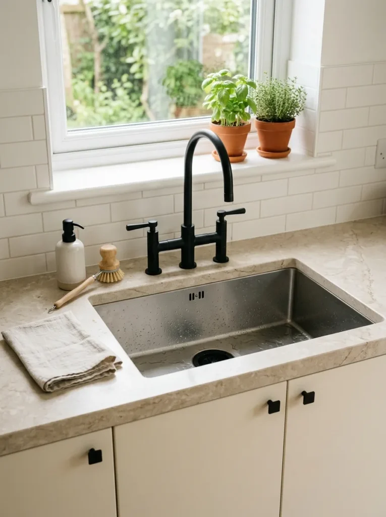 Kitchen sink area with a matte black architectural tap and waste cover against pale stone countertop and cream matte lacquer cabinets
