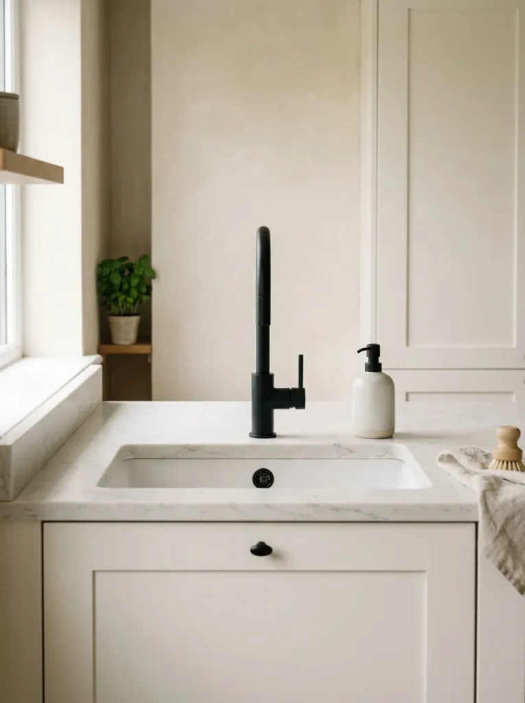 Kitchen sink area with a matte black tall-neck tap and drain as the only dark finish against a warm white matte cabinet and honed pale stone countertop
