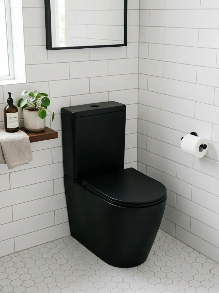 Matte black close-coupled toilet suite with matte black flush button against pale wall tiles and white floor in a dark bathroom scheme