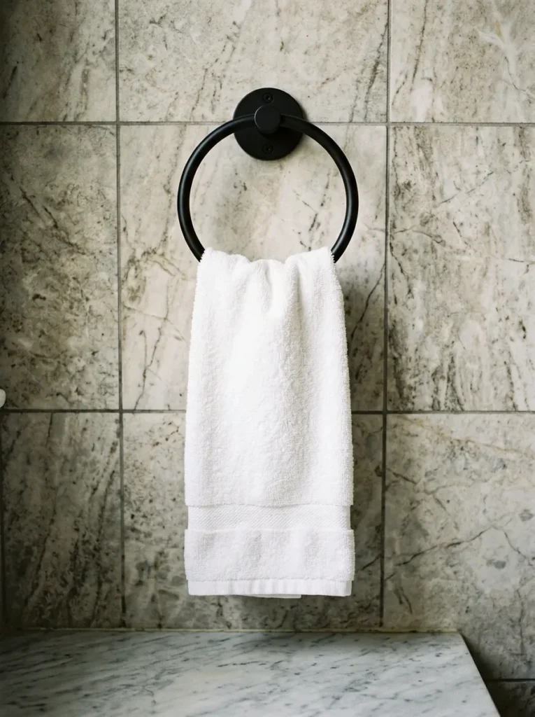 Matte black towel ring mounted at correct height on a marble-effect tile wall, a white hand towel hanging with clearance from the surface below