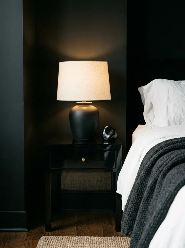Matte black wall behind a glossy black lacquered nightstand with a ceramic lamp and polished stone sculpture