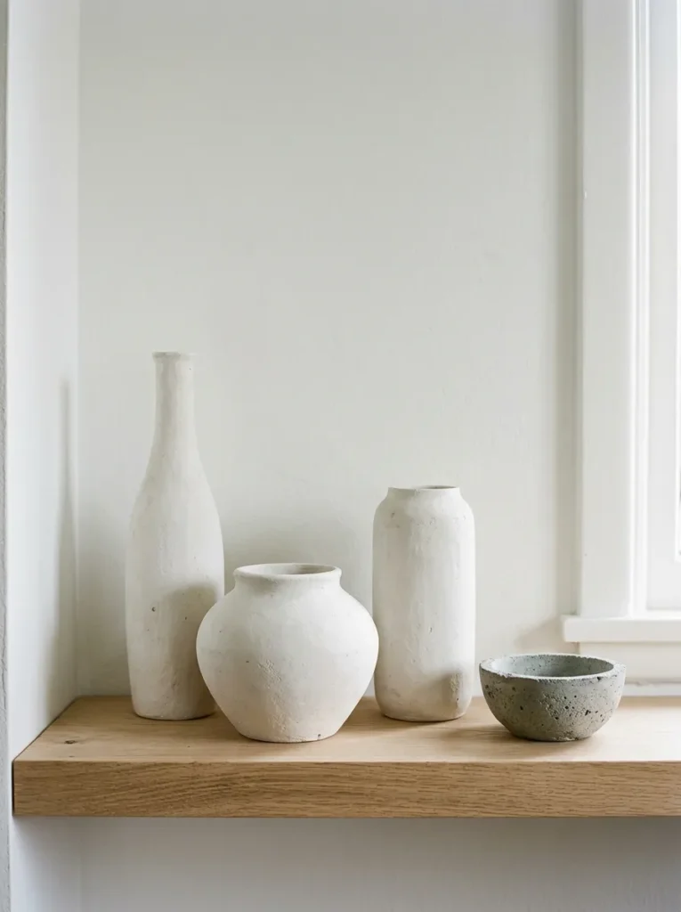 Three matte plaster vases in varying heights on a pale oak shelf against a white wall, styled with a small concrete bowl
