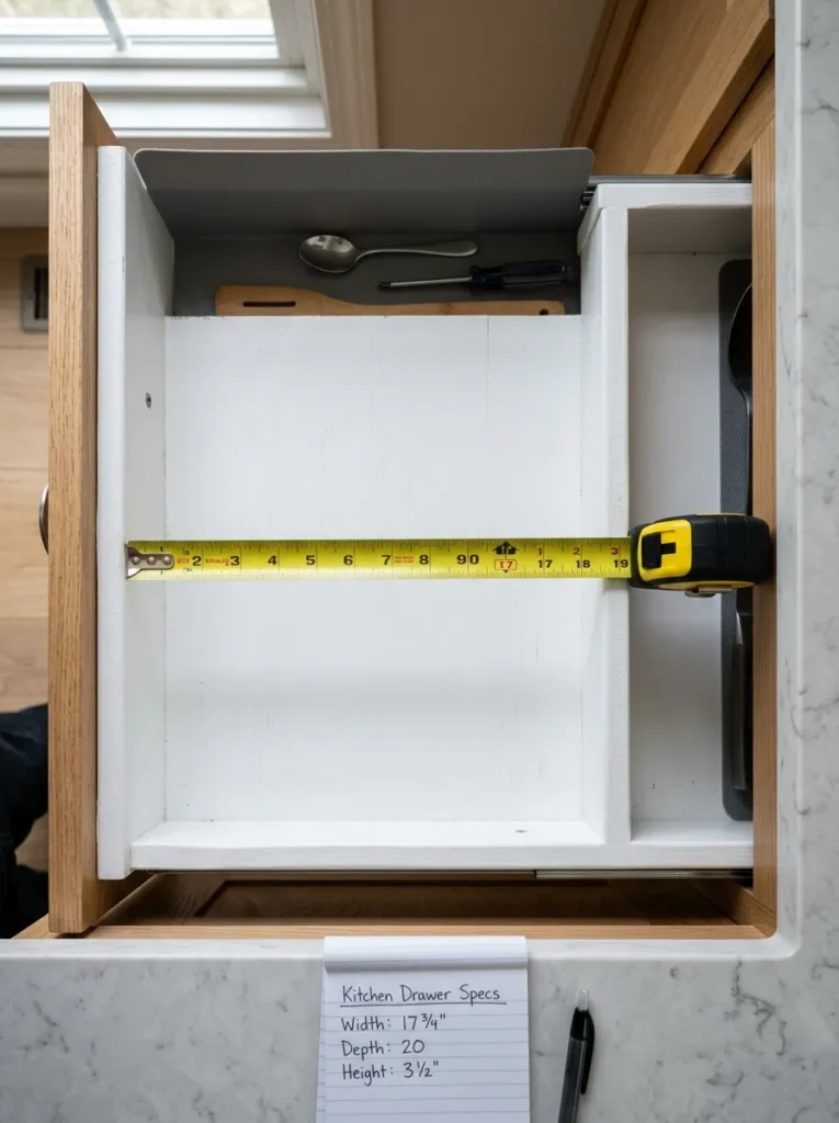 Tape measure laid across the interior width of an open kitchen drawer measuring from inside wall to inside wall