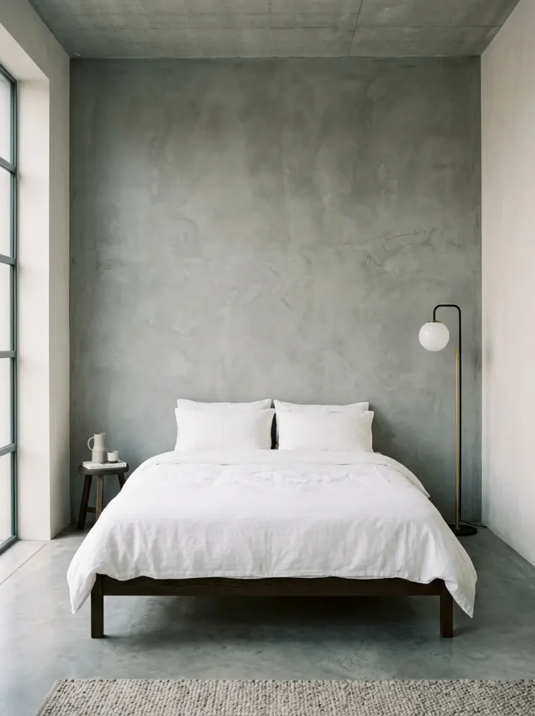 Cool grey microcement accent wall in a minimalist bedroom with a dark oak bed frame and polished concrete floor
