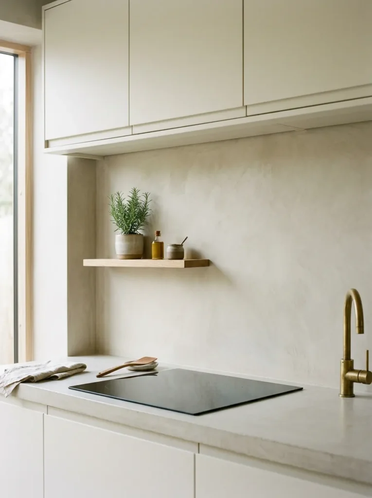 Kitchen cooking zone with smooth pale clay microcement covering the wall behind the induction hob, replacing a tiled splashback, with off-white upper cabinets on each side