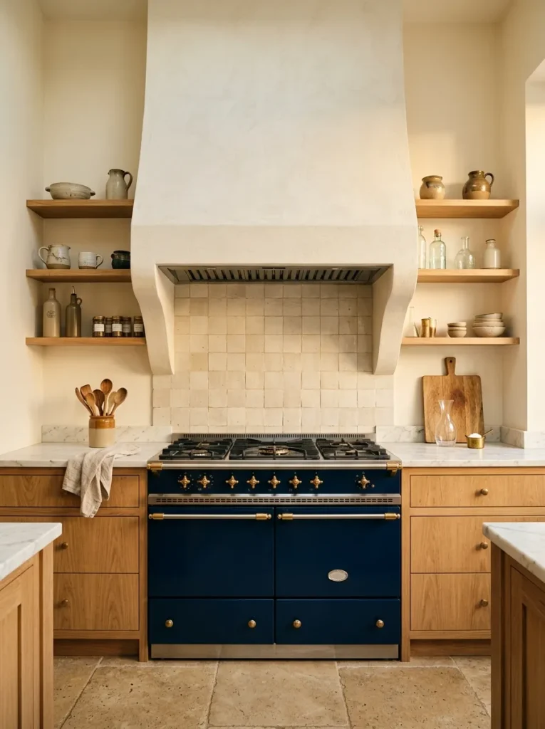 Wide midnight blue range cooker with brass knobs beneath a custom plaster chimney breast extractor, flanked by open oak shelving and marble countertops