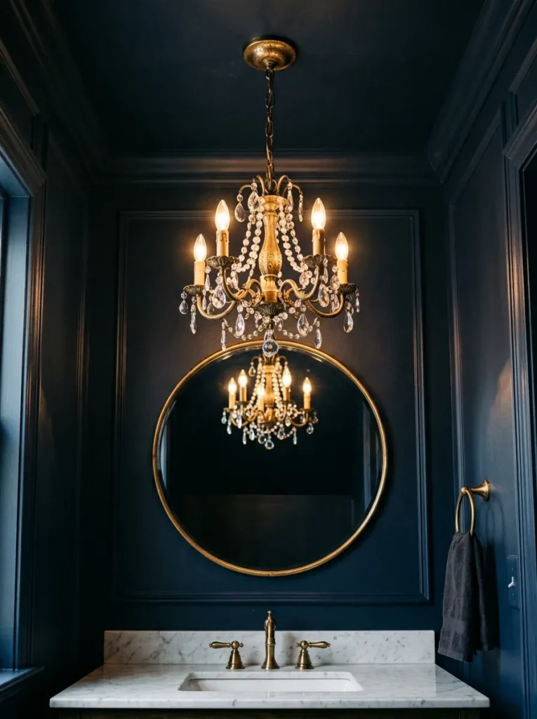 Small aged brass mini chandelier hanging above a powder room sink against dark navy walls, reflected in the round mirror below

