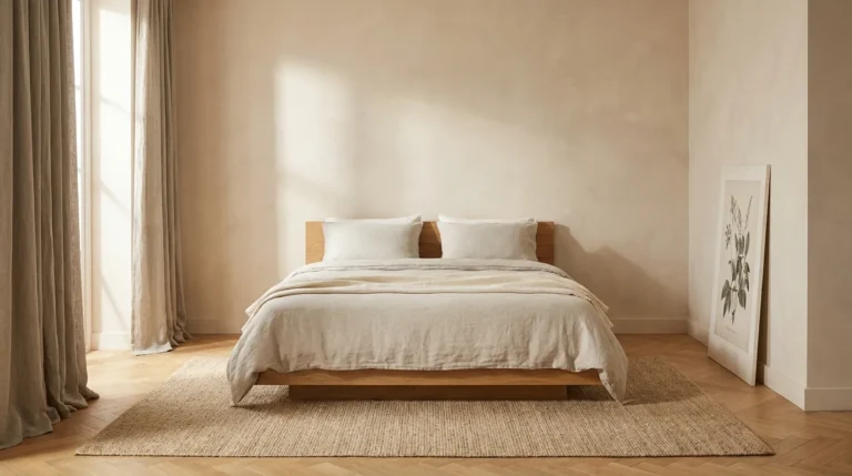 Low oak platform bed with oatmeal linen bedding against warm limewash plaster walls, linen curtains pooling at the floor, morning light