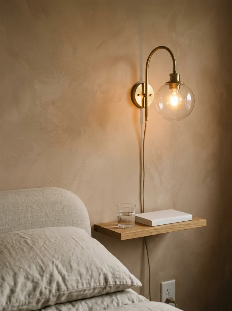 Plug-in brass arc wall sconce above a narrow floating oak shelf holding a glass and book, minimal bedside setup against clay limewash wall