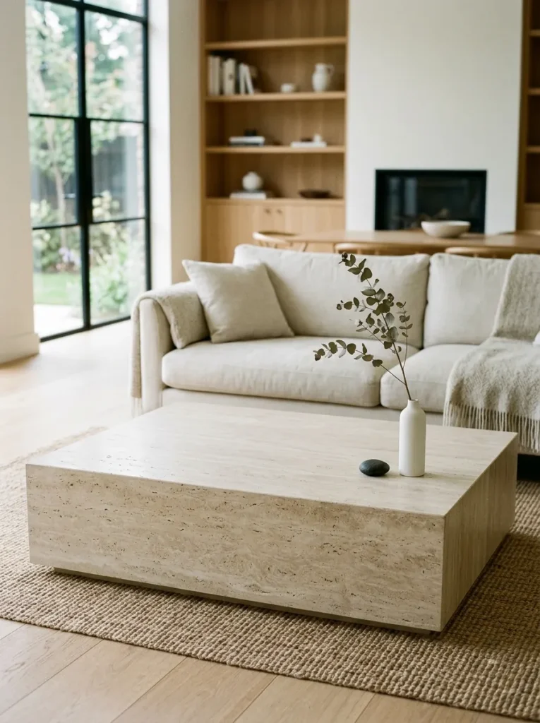 Large travertine coffee table with only a slim white ceramic vase and one dark stone in one corner, the rest of the surface deliberately empty
