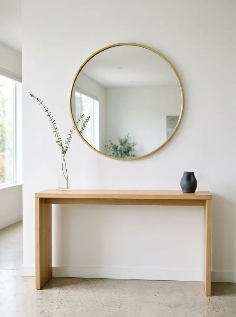 Minimal console table with no lamp, just a slim vase and small ceramic, under a round gold mirror in a bright white entryway
