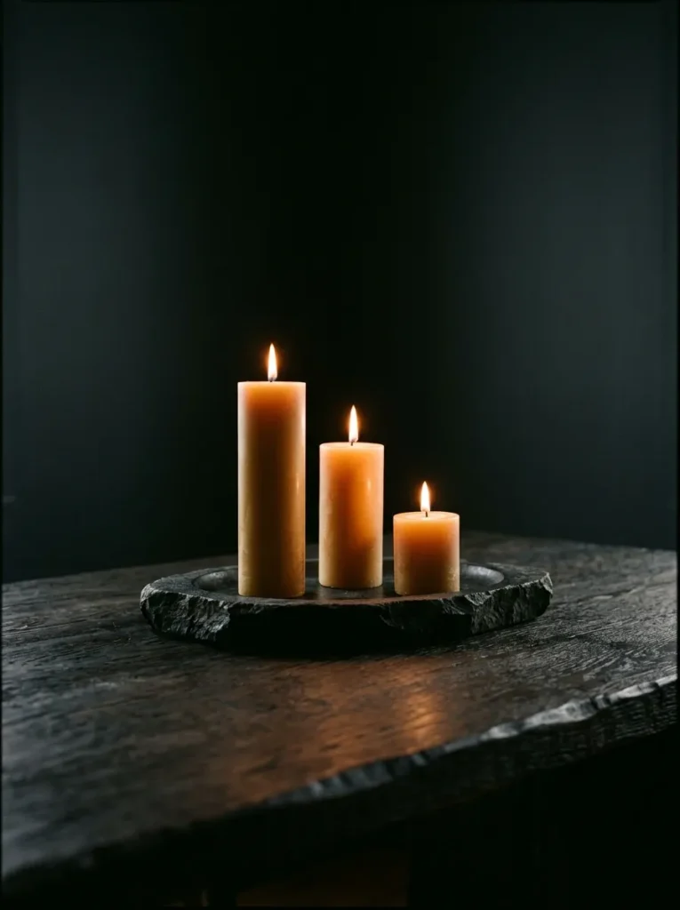 Dark dining table surface with only a stone tray holding three lit pillar candles of varying heights, against charcoal walls
