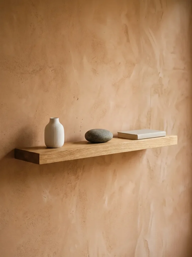 Long narrow oak floating shelf holding only a ceramic vase, a river stone, and a small book with clear space between each