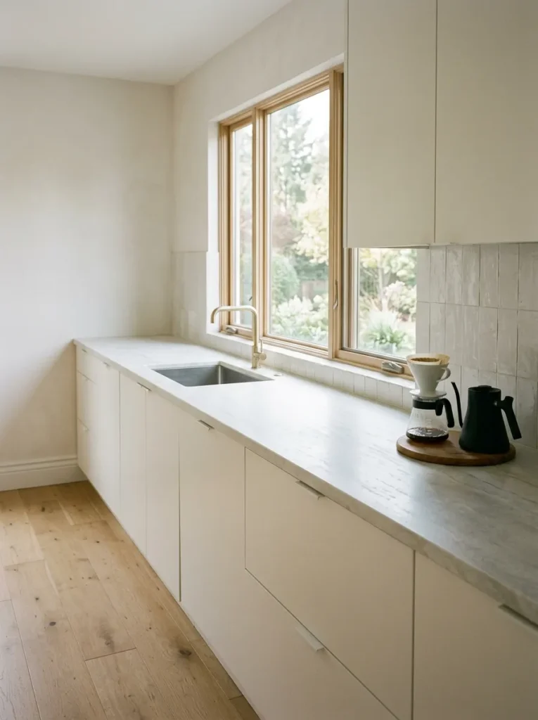 Long pale stone kitchen countertop almost entirely clear, with only a single pour-over coffee setup at one end, morning light traveling across the empty surface
