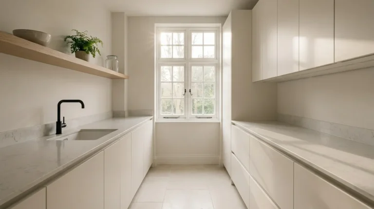 Galley kitchen with continuous pale quartz countertops, warm white handleless cabinetry, matte black tap, and a single floating oak shelf with minimal styling