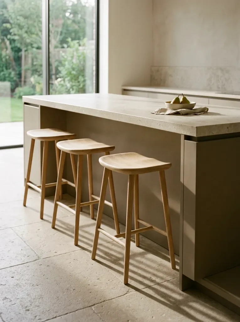 Three backless white oak counter stools tucked under a greige matte kitchen island counter with a pale honed limestone surface
