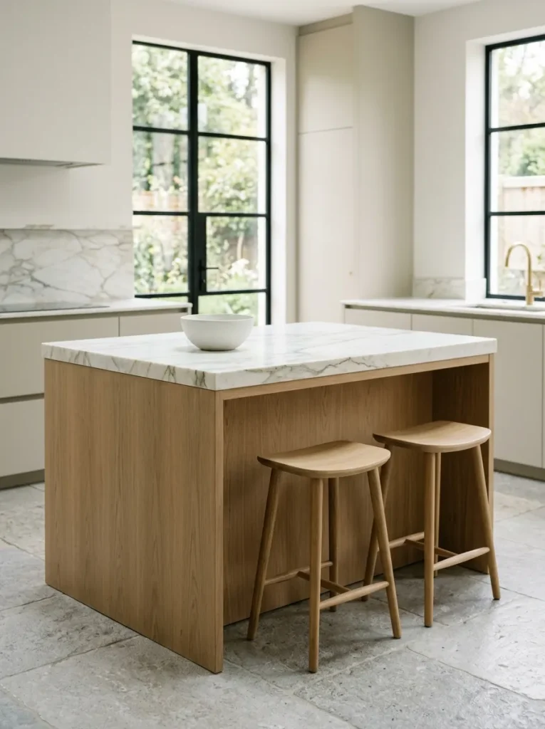 Rectangular kitchen island with a solid oak base, thick honed marble countertop, and two backless oak counter stools, with clear circulation space on both sides
