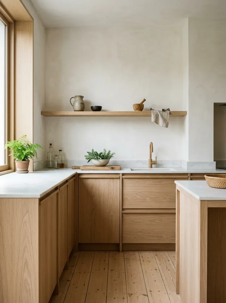 Kitchen corner with pale oak flat-front cabinetry, matching oak shelf, limewash plaster walls, and honed white stone countertop in a unified material palette
