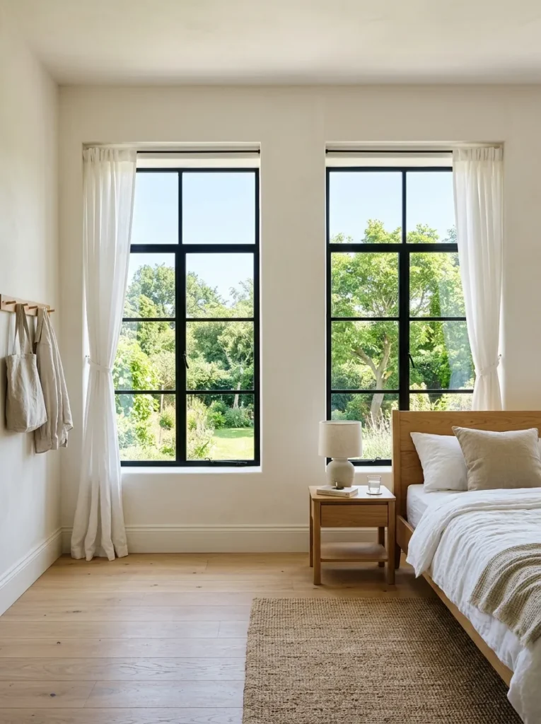 Coastal bedroom with two large windows and tied-back linen panels letting full natural light flood the room
