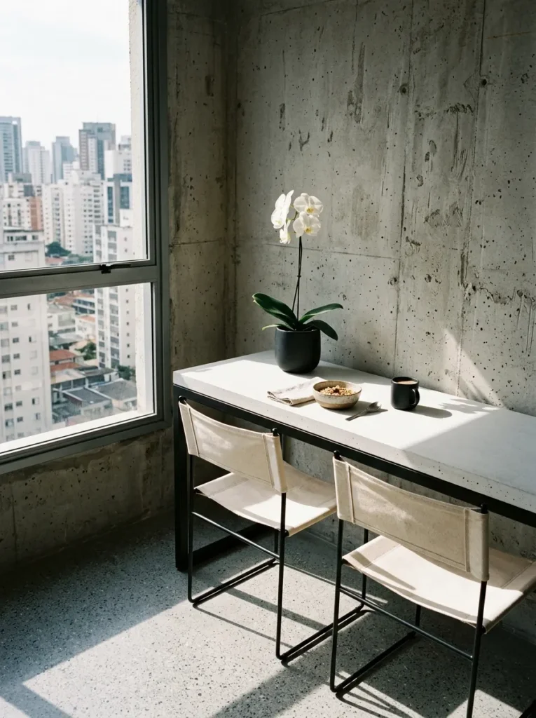 Honed white concrete table on matte black steel frame with canvas sling chairs in a brutalist São Paulo minimalist breakfast corner.