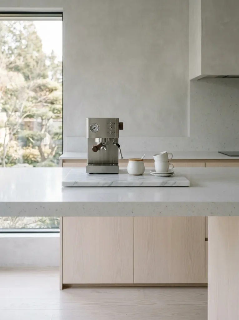  Minimalist coffee station with one marble tray holding an espresso machine and two mugs only