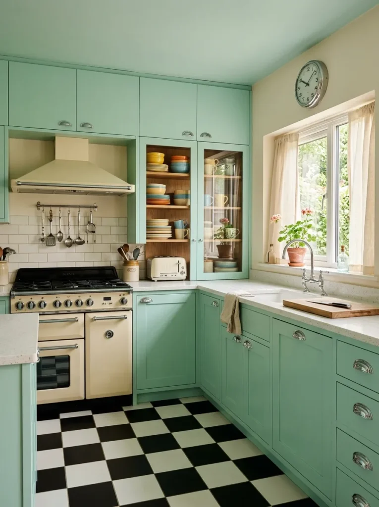 Mint green vintage-inspired kitchen with chrome fixtures, checkerboard floor tiles, and a cream freestanding range
