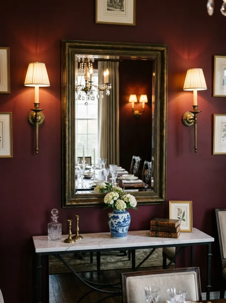 Large brass-framed mirror flanked by antique brass candlestick sconces on a deep burgundy dining room wall above a marble console
