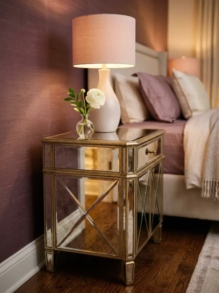 Beveled mirrored nightstand reflecting soft light in a feminine bedroom